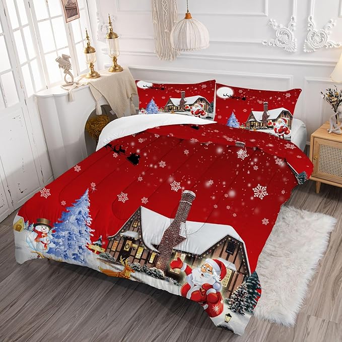 kxry Merry Christmas Bedding Set Santa Claus Deer Christmas Tree Snowman Comforter Quilt Full Size for Girls Boys Kids 1 Comforter + 2 Pillow Cases