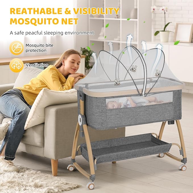 Bassinet Bedside Sleeper,Bedside Bassinet,Rocking Bassinet,3 in 1 Baby Bassinet with Mattress,Mobile,Mosquito Net,Storage Basket,6-Height Adjustable Portable Bassinet with Wheels for Newborn Infants
