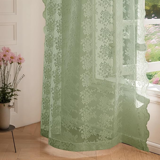 Anmao Vintage Sage Green Lace Curtains 108 Inches Long 2 Panels, Romantic Light Filtering Semi Sheer Floral Thick Lacy Curtain Drapes for Living Room and Bedroom, Each Panel 55W x 108L, Sage Green