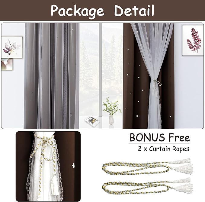 Kinryb Star Cutout Blackout Curtains Double Layer Curtains with Durable Sheer Curtains for Bedroom Thermal Insulated Window Treatment Set with 2 Free Tiebacks (52W x 72L 2 Panels Chocolate)