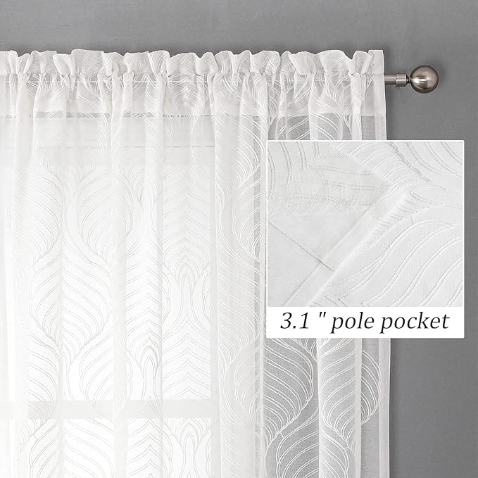 VISIONTEX White Sheer Curtains 72 Inches Long 2 Panels Set Moroccan Embroidery Texture Geometric Rod Pocket Ivory White Voile Tulle Semi Window Treatment Pair for Bedroom Living Room 54 x 72 Inches