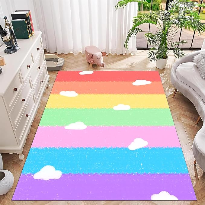 Soft Rainbow Area Rugs Girl's Bedroom Fluffy Colorful Rugs Cute Floor Mats Furry Children's Play Mats White Cloud Rainbow Prints Living Room Kids Room Nursery Home Decor 4x6ft