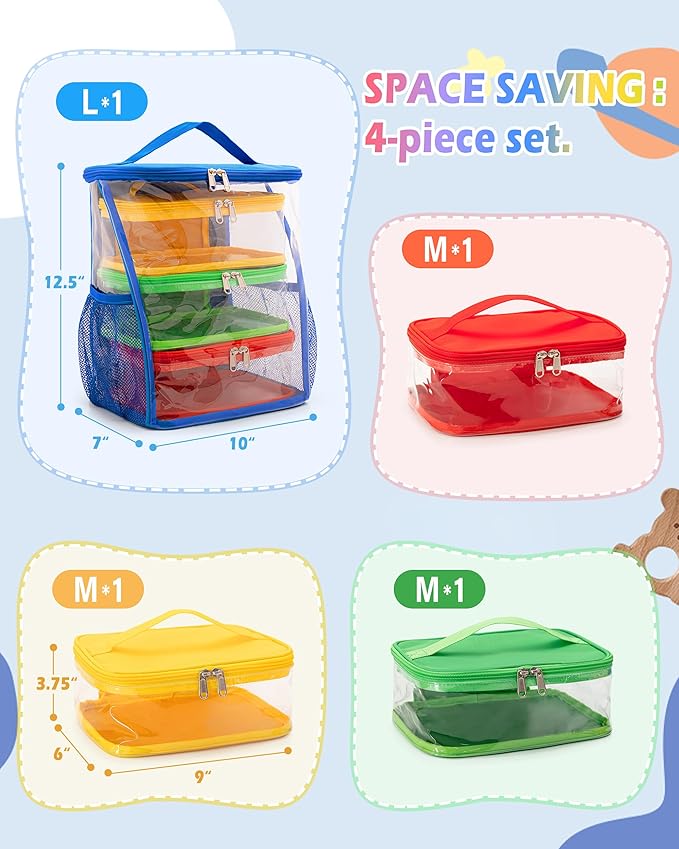 4 Pack Toy Storage Bags with Clear Windows, Toy Organizer Bags for Blocks, Magnetic Building Tiles, Dolls, 4 Piece Set (Blue + Orange + Green + Yellow)