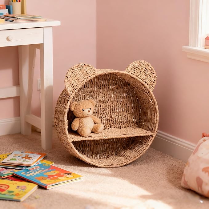 Bear-Shaped Rattan Wall Shelf – Handmade Woven Nursery Bookshelf for Kids Room, Boho Wall-Mounted Storage Organizer for Toys, Books & Décor