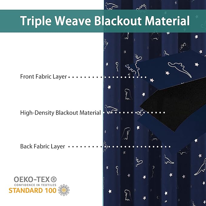 LORDTEX Dinosaur and Star Foil Print Blackout Curtains for Kids Room - Thermal Insulated Curtains Noise Reducing Window Drapes for Boys and Girls Bedroom, 52 x 108 Inch, Navy, Set of 2 Panels