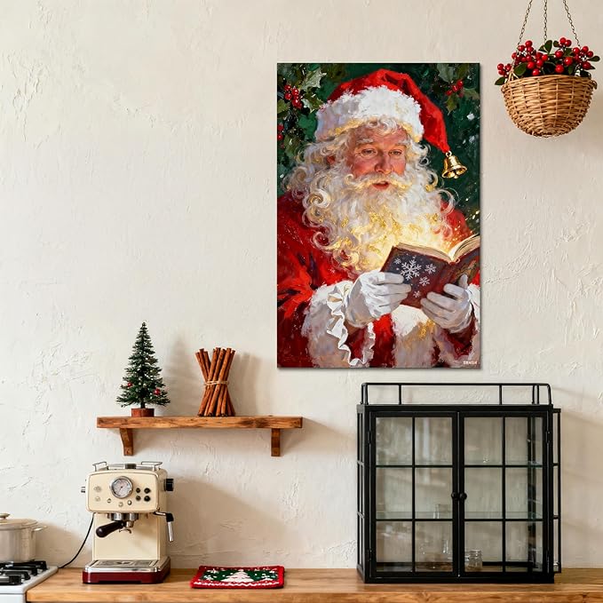 YONICA Christmas Canvas Wall Art Reading Santa 36x46 Inch Oil Painting with Glowing Book and Holly - Large Framed Gallery Wrapped Library Decor