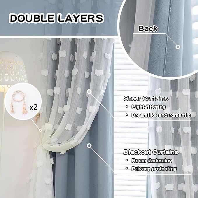 MYSKY HOME 72 Inches Long Curtains for Bedroom Dusty Blue Blackout Curtains Pom Pom White Sheer Curtains for Boys Room Double Layer Toddler Bedroom Grommet Room Darkening Window Panels 52 x 72 Inch