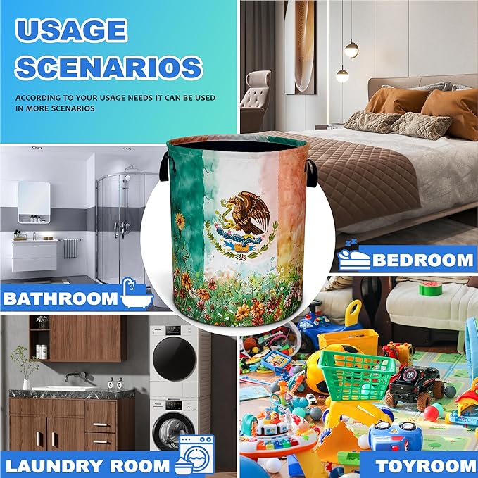Mexico Flag Laundry Basket Mexican Flag Patriotic Oxford Cloth Laundry Hamper With Handle Foldable Portable Clothes Storage Basket 18.9 X 16.5 Inch Storage Bag For Laundry Room/Bathroom/Bedroom