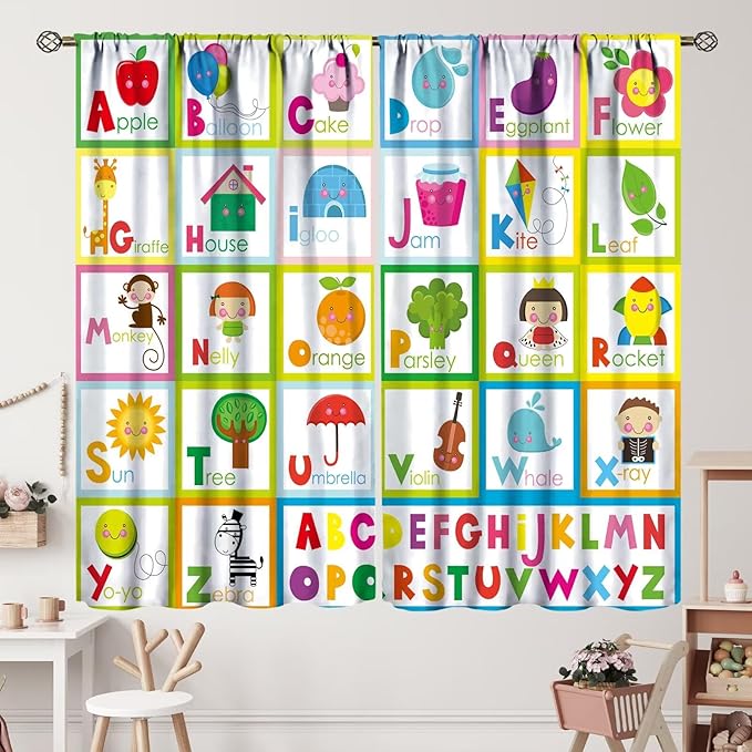 Kids Alphabet Curtains Cute Cartoon Education Learning Funny Teaching Words Curtain with Rod Pocket for Bedroom Nursery Home Decor Drapes Window Treatments 2 Panels Set 63" W X 63" L