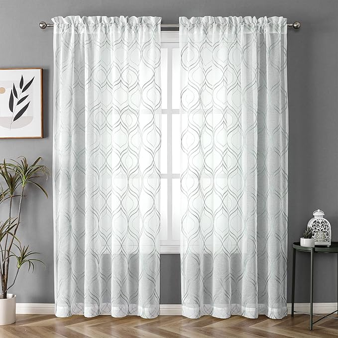 VISIONTEX White Sheer Curtains 72 Inches Long 2 Panels Set Green Moroccan Embroidered Curtains Trellis French Textured Rod Pocket Voile Tulle Semi Window Drapes for Bedroom Living Room 54 x 72 Inches