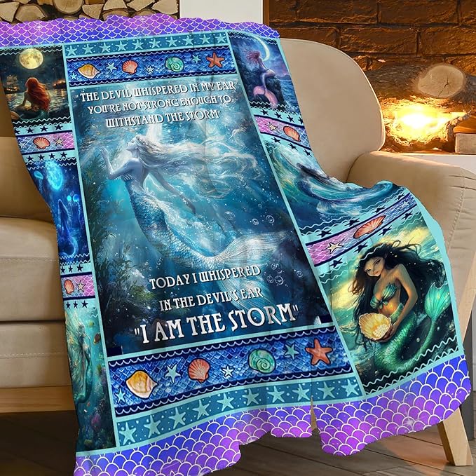 Mermaid Blanket for Girls Blue Ocean Throw Blankets Soft Cozy Warm Fuzzy Fleece Marine Life Shells Bedding Flannel Throws Stuffed Animal Gifts for Mermaid Lovers Kids Men Women Bedroom Decor 80"x60"