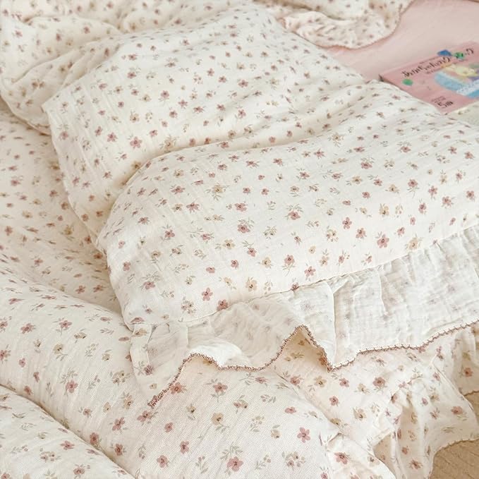 BuLuTu Chic Princess Duvet Cover Full for Teens Girls Pink Floral Comforter Cover 79"x90", Cotton Muslin Quilt Cover with Ruffles Vintage Cottage Bedding, Zipper Closure, No Pillow