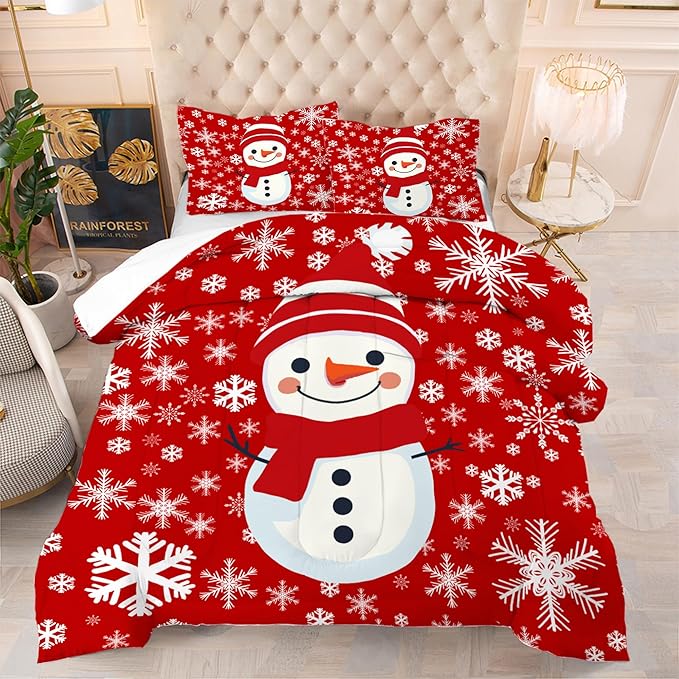 Comforter Set Christmas Snowman: Twin Size Kids Xmas Bedding Sets Red Snowflakes Quilt for Teens Girls Boys Christmas Decor Winter Snow Bed Set 1 Comforter & 1 Pillowcase