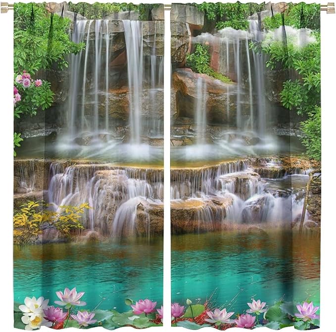 Waterfall Blackout Window Curtains, Rocky Waterfall to Pond Running Off Scenic Nature Themed Picture Print Window Drapes, for Living Room Bedroom 63x72in 2 Panels