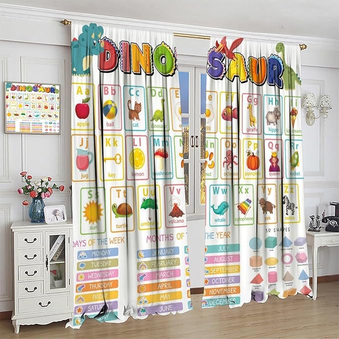 Funny Kids Alphabet Curtain, Cartoon Animal Alphabet Learning Dinosaur Boys Kids Students Baby Educational Colorful Blackout Window Treatments for Bedroom Living Room School 55" W X 63" L
