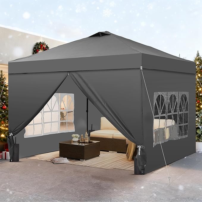 GDY 12x12 Pop Up Canopy Tent with 4 Sidewalls, Easy Set up with One Push Lift Outdoor Silver Coated Beach Gazebos, Carpas for Pool, Events, Parties, and Camping, Gray.