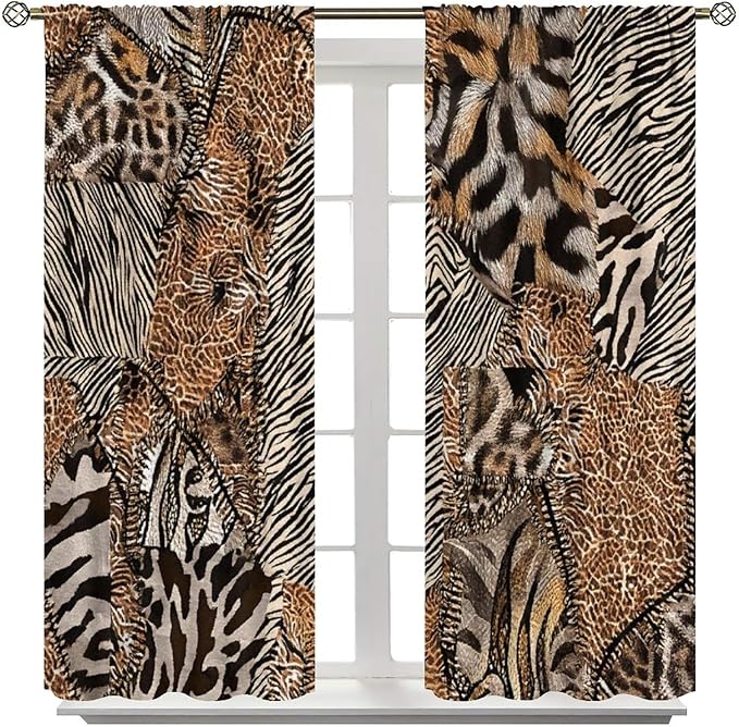 Leopard Print Curtains, Brown Wild Cheetah Zebra Animal Fur Farmhouse Window Curtains for Bedroom Kitchen Living Room 63" W X 63" L