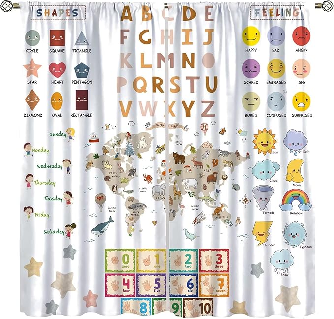 Kids Educational Curtain,Pastel ABC Alphabet Continents Map Numbers Shapes Weather Learning Tools Boy Girl Nursery Rod Pocket Blackout Window Treatments for Bedroom Living Room 55" W X 63" L