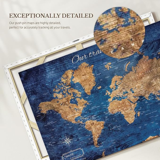 ElephantStock - Personalized Our Travel I Push Pin World Map Wall Art - Horizontal Canvas Wall Art - Living Room Wall Decor - Digital Art Map Canvas Art - Brown And Blue Decor - 30" x 20"