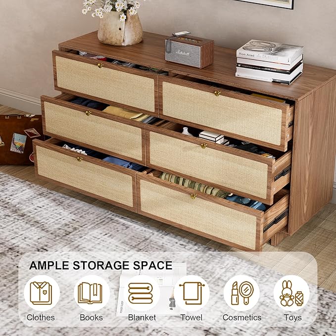 6 Drawer Dresser for Bedroom, 57in Wide Rattan Dresser, Boho Chest of Drawers, Wooden Chest with Clothes Storage Cabinet, Drawer Organizer for Bedroom, Living Room, Hallway, Walnut