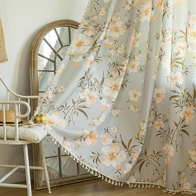 ENJOYBRIDAL Floral Curtains 63 Inch Long Living Room Bedroom Drapes Boho Dining Room Semi Sheer Short Window Curtains 2 Panels Farmhouse Cottage Core Cute Rod Pocket Window Treatments