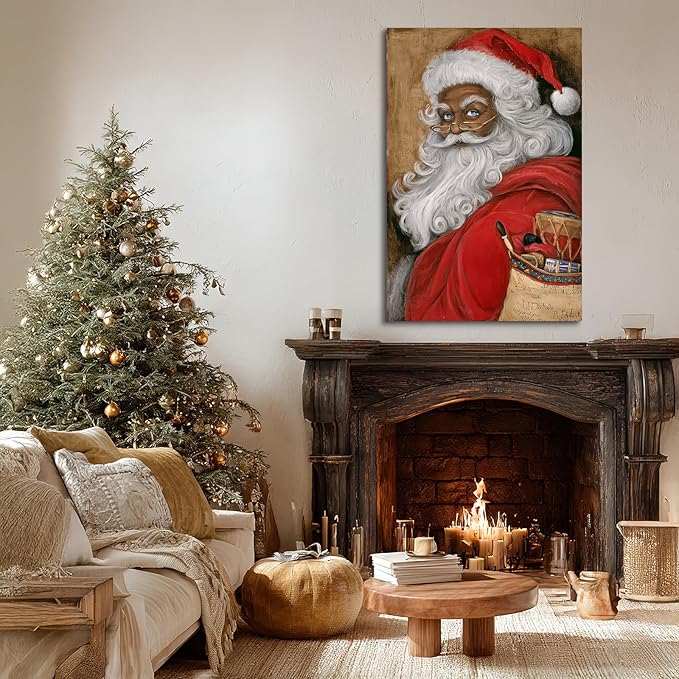 YONICA Christmas Canvas Wall Art Vintage Santa 28x40 Inch Retro Gift Bag with Toys - Large Framed Gallery Wrapped Traditional Decor