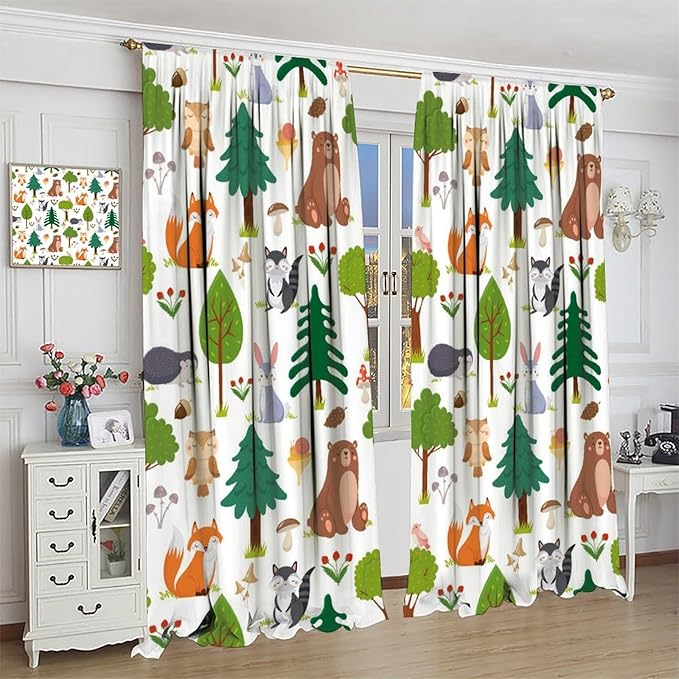 Jungle Animal Curtains, Woodland Animals Forest Pattern Blackout Window Treatments, Rod Pocket Thermal Insulated Drapes 2 Panel Sets for Kids Room Nursery Classroom, 42" W X 45" L