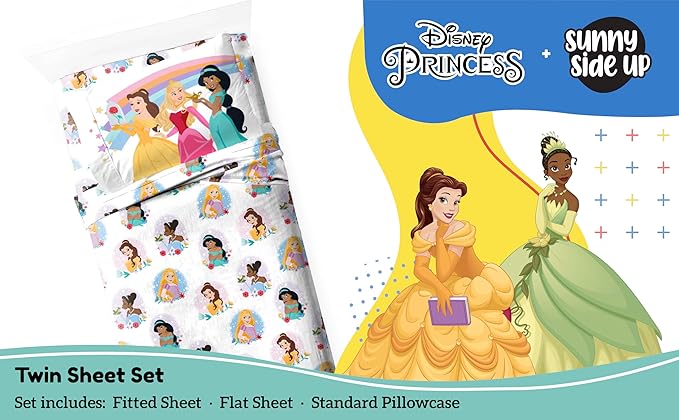 Sunny Side Up Disney Princess Twin Sheet Set - 3 Piece Kids Bedding Set Includes Pillow Cover – Super Soft Rainbow Microfiber Sheets Features Moana, Belle & Rapunzel