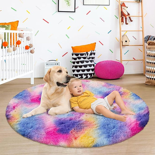 4x4 ft Pink Rainbow Round Fluffy Rug for Girls Bedroom,Colorful Soft Shaggy Circular Area Rug Kids Cute Fuzzy Carpet Furry for Living Room Nursery Playroom Room Unicorn Decor Reading Nook Mat