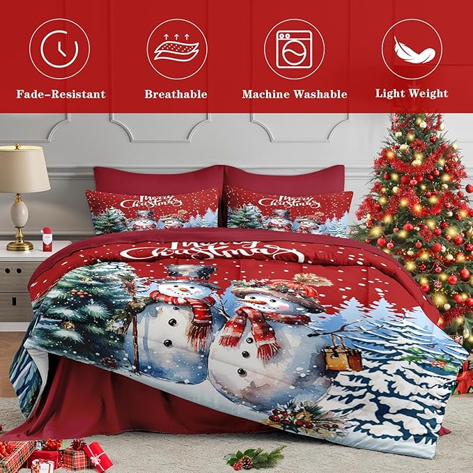 7 Pcs Full Size Christmas Comforter Set with 2 Pillowcases & 2 Shams, Winter Wonderland Bedding for Kids and Adults, Happy Snowman Bed in a Bag with Flat Fitted Sheet
