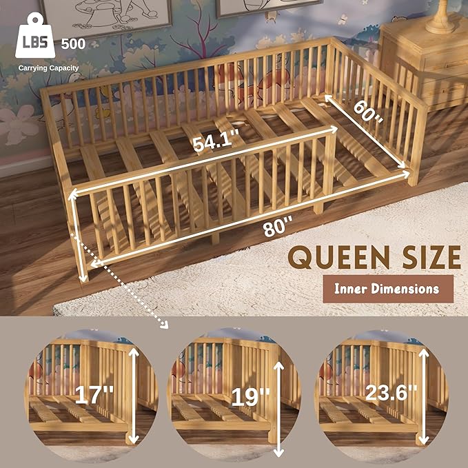 Montessori Floor Bed with Slats for Toddler 60'' x 80'' Queen Size | Pine Wood Natural Solid Frame Bed | Sturdy Design Floor Bed Frame for Boy and Girls (Queen, Height : 23.6 Inches)