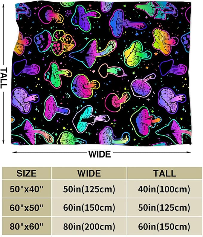 Colorful Mushroom Gifts and Decor - Soft Warm Cozy Fleece Mushroom Blanket for Girls, Women, Kids, Adults - 80"x60"