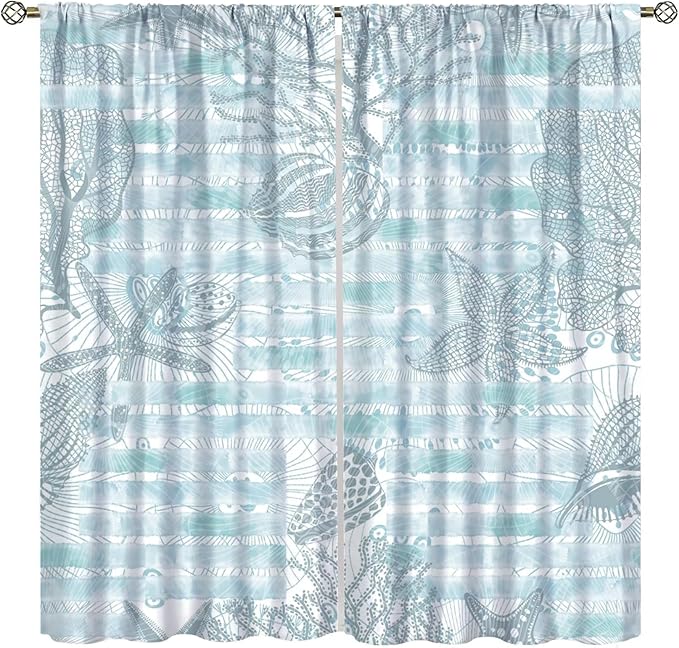 Starfish Curtains，Starfish and Seashells Coastal Curtain Ocean Themed Underwater Marine Decor Waterproof Fabric Curtain Set 2 Panels,52x84 Inches