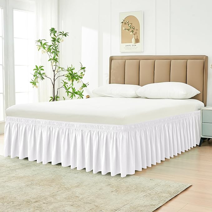 Biscaynebay Wrap Around Bed Skirts for Full & Full XL Beds with Short Drop of 12", White Adjustable Elastic Dust Ruffles Easy Fit Wrinkle Resistant Silky Luxurious Fabric Machine Washable