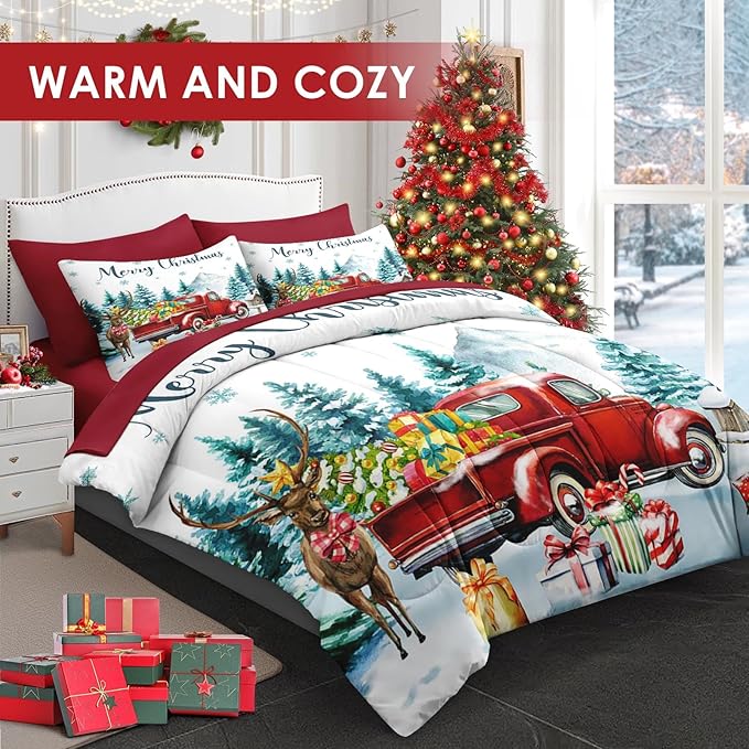 7 Pcs Full Size Christmas Comforter Set with 2 Pillowcases & 2 Shams, Red Vintage Truck Elk Bedding for Kids and Adults, Winter Forest Bed in a Bag with Flat Fitted Sheet