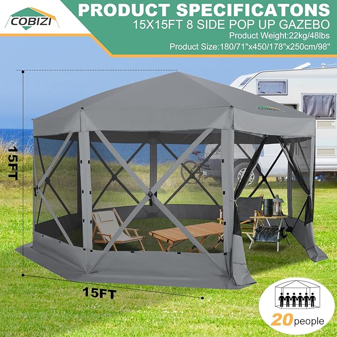 COBIZI 15x15ft Extra Large Pop-Up Gazebo Canopy Tent with Mosquito Netting, Spacious Easy Set-Up Screened Shelter, Durable Outdoor Pavilion with Ground Stakes, Perfect for Patio, Backyard, and Lawn
