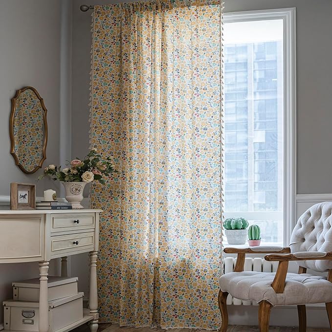 ENJOYBRIDAL Floral Curtains 84 Inch Length 2 Panels Tassel Boho Semi-Sheer Drapes Bedroom Living Room Farmhouse Rustic Country Yellow Green Flower Rod Pocket Cotton Linen Blend Window Curtain Panel