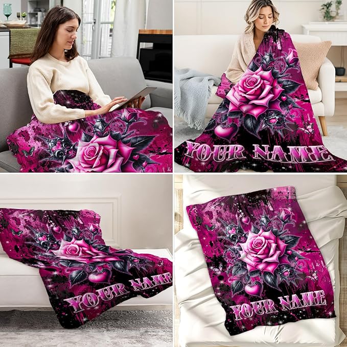 Personalized Rose Stylish Flower Blanket - Custom 50" x 60" Girls Throw Blankets for Women - Fluffy Plush Throws for Mom