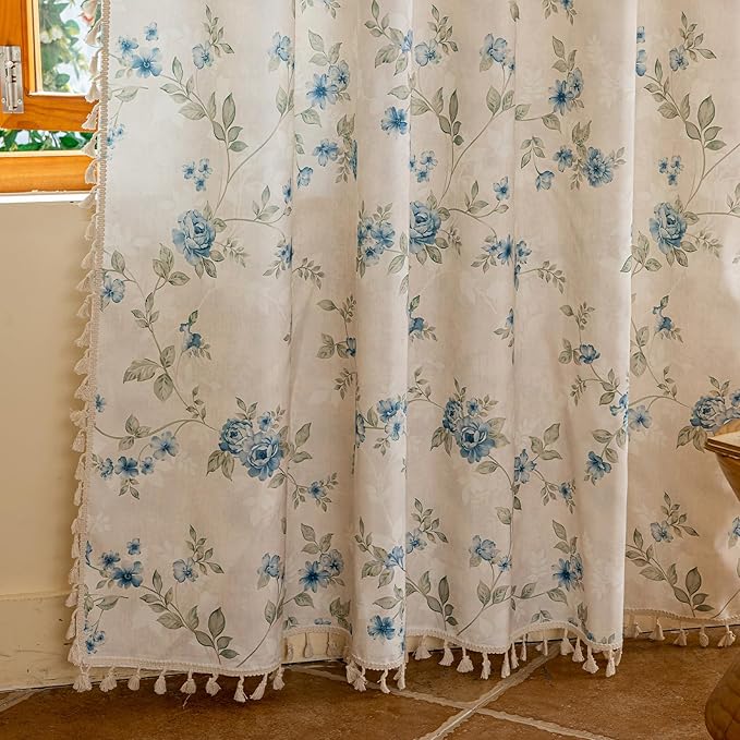 ENJOYBRIDAL Blue Floral Curtains 63 Inches Long Bedroom Cute Drapes Rod Pocket Boho Semi Sheer Short Window Curtain Panels Rustic Living Room Farmhouse 2 Panels Vintage Window Treatments