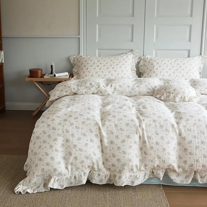BuLuTu Vintage Blue Floral Duvet Cover Queen Size, Cotton Muslin Quilt Cover with Ruffles, Farmhouse Bedding Comforter Cover 90"x90", Zipper & Corner Ties, Freesia Print, No Pillow