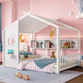 Full Size Floor House Bed with Roof and Window for Kids, Wooden Playhouse Bed with Storage Shelves for Bedroom Furniture Girls & Boys (White/L1, Full)