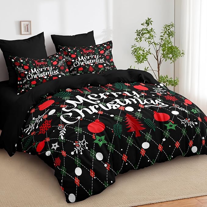 Christmas Duvet Cover Full Size Black Christmas Tree Bedding Set 3 Pcs Kids Boys Girls Happy Holiday Xmas Comforter Cover with Zipper Closure (No Comforter)