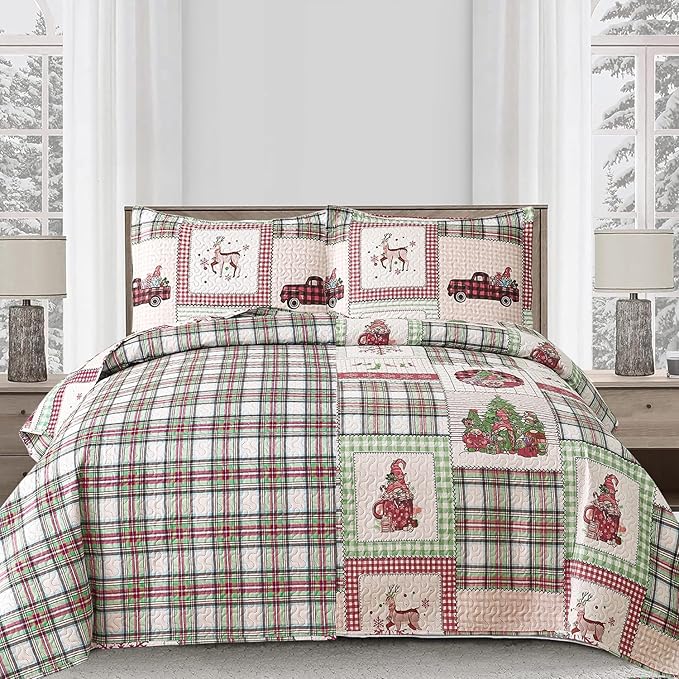 Christmas Bedding Set Twin Christmas Quilt Bedspread Xmas Coverlet,Red Green Plaid Patchwork Christmas Quilt Bedding Holiday Christmas Quilt Bedspread Lightweight Reversible Gnome Christmas Decor Gift