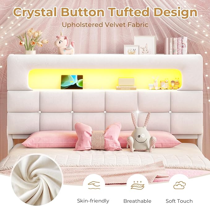 MSmask Queen Upholstered LED Bed Frame with 2-Tier Storage Bookcase Headboard, Velvet Princess Bed with Crystal Button Tufted Headboard & Charging Station, Girls Platform Bed, Curved Legs, White