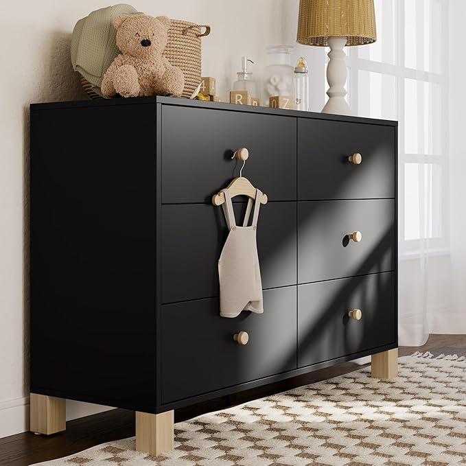 Storkcraft California 6-Drawer Double Dresser (Black with Driftwood) - GREENGUARD Gold Certified, Interlocking Drawer System, Dresser Drawer Organizer for Kids Bedroom