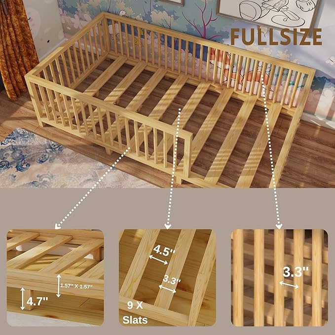 Montessori Floor Bed with Slats for Toddler 54.3'' x 75.2'' Full Size | Pine Wood Natural Solid Frame Bed | Sturdy Design Floor Bed Frame for Boy and Girls (Full, Height : 19 Inches)