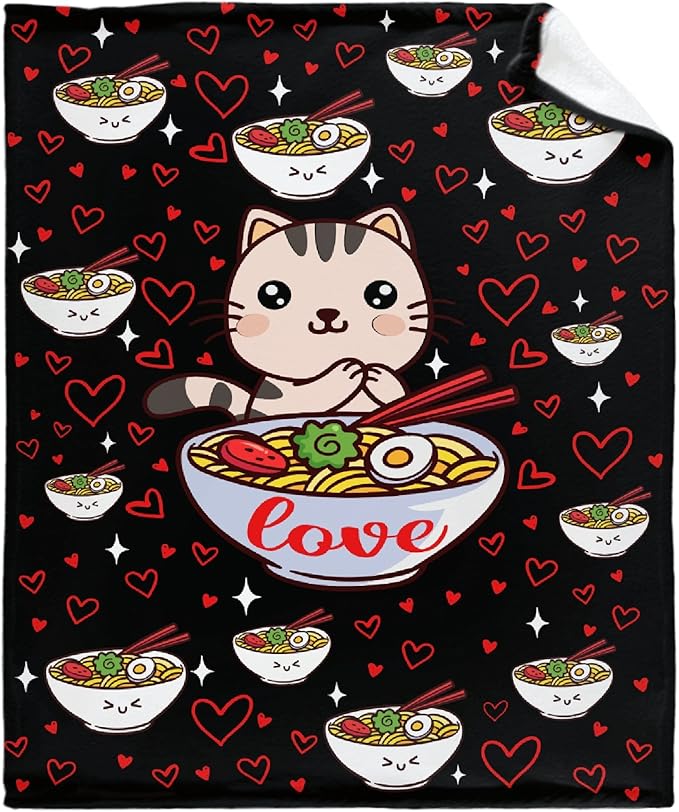 Thuswarm Kawaii Ramen Cat Red Heart Love Flannel Throw Blanket Warm Cozy Soft Funny Print Blankets for Bed Couch Sofa Room Decoration Gifts 120"×90" Extra Large for Family