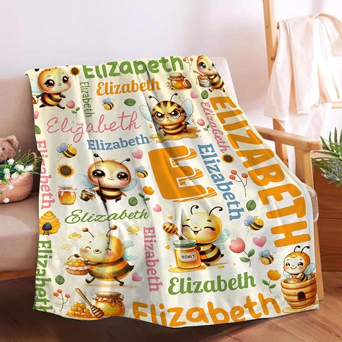Personalized Custom Honey Bee Blanket Gifts for Kids Boys Girls with Name - Customized Honey Bee Super Soft Lightweight Flannel Sheets Decor for Crib Nap Couch - 60"x80" for Adult