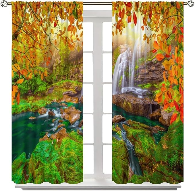 Waterfall Blackout Curtains, Waterfall Landscape Autumn Nature Leaves Forest Window Drapes, for Bedroom Living Room 63" W X 72" L