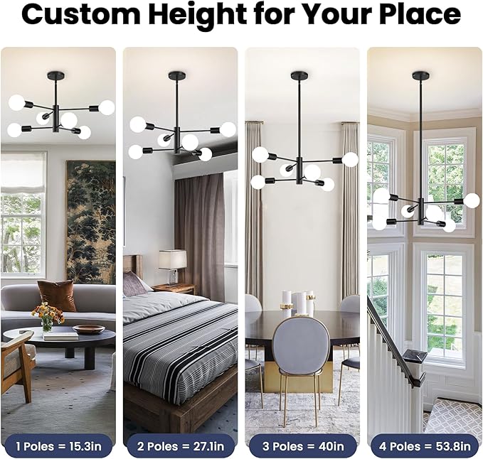 Modern Sputnik Chandeliers Light, 6-Light Black Chandeliers for Dining Room, Height Adjustable Ceiling Lights Farmhouse Chandelier for Kitchen Island Living Room Bedroom Visit The Store